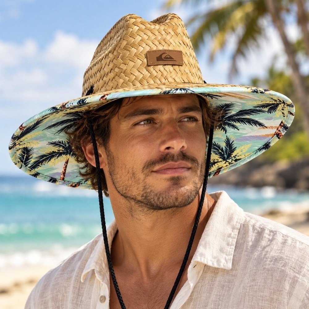 Quiksilver Lifeguard Sun Hat Men L/XL Natural Straw Blue Tropical Wide Brim NWT